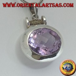 Silver pendant with a splendid large faceted oval natural amethyst on a smooth horizontal setting
