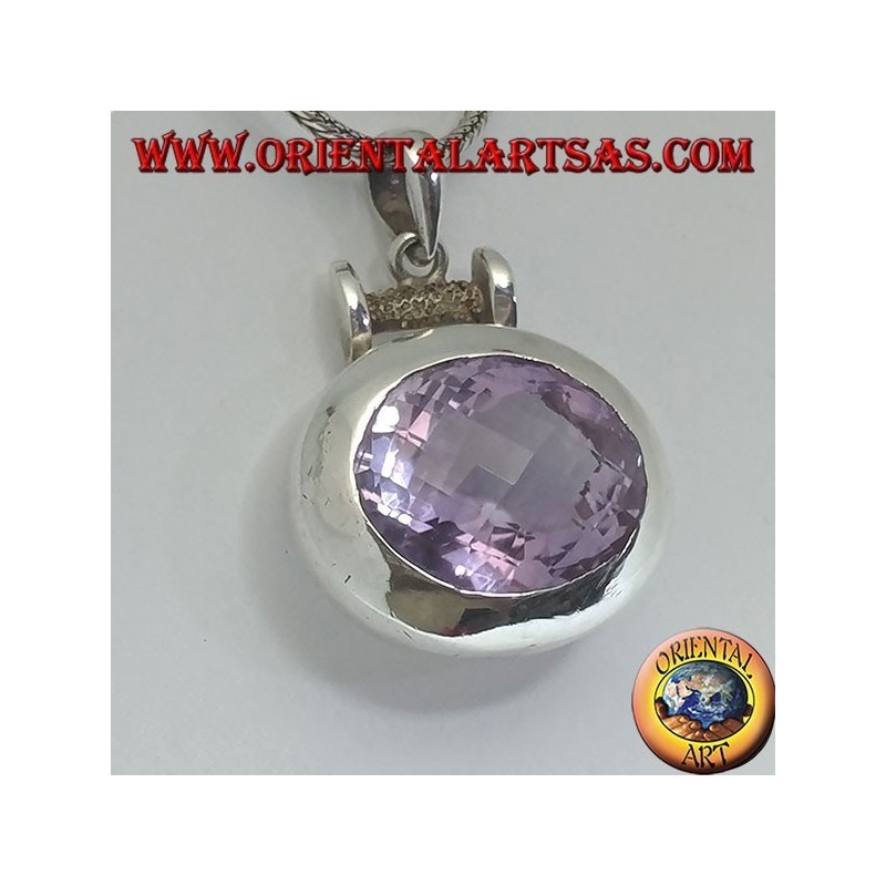 Silver pendant with a splendid large faceted oval natural amethyst on a smooth horizontal setting