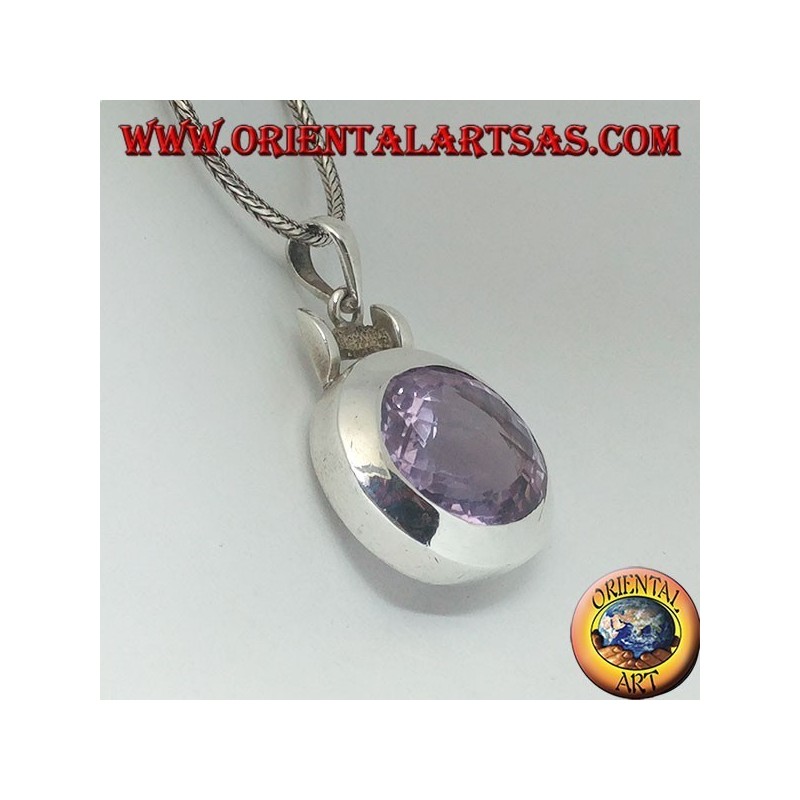 Silver pendant with a splendid large faceted oval natural amethyst on a smooth horizontal setting
