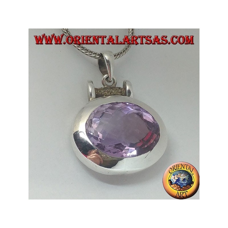 Silver pendant with a splendid large faceted oval natural amethyst on a smooth horizontal setting
