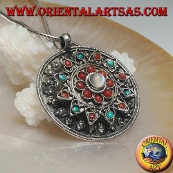 Silver medallion box pendant with flower lid with ancient coral and turquoise and central moonstone