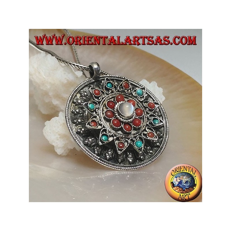 Ciondolo in argento medaglione a scatola con coperchio a fiore con coralli e turchesi antichi e pietra di luna centrale