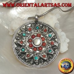 Silver medallion box pendant with flower lid with ancient coral and turquoise and central moonstone