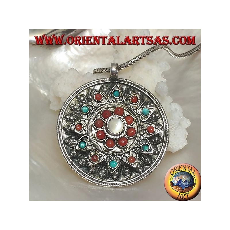 Ciondolo in argento medaglione a scatola con coperchio a fiore con coralli e turchesi antichi e pietra di luna centrale