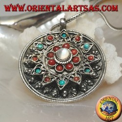 Silber Medaillon Box Anhänger mit Blumendeckel mit alten Korallen und Türkis und zentralen Mondstein