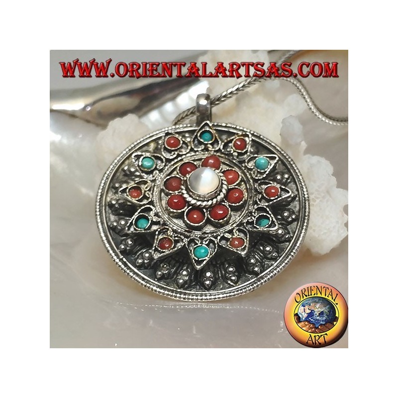 Pendentif boîte médaillon en argent avec couvercle fleur avec corail antique et turquoise et pierre de lune centrale