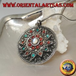 Silver medallion box pendant with flower lid with ancient coral and turquoise and central moonstone