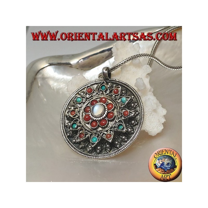 Colgante de caja de medallón de plata con tapa de flores con coral antiguo y turquesa y piedra lunar central