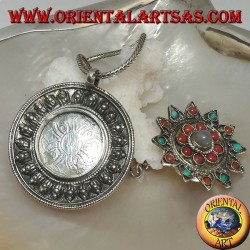 Silver medallion box pendant with flower lid with ancient coral and turquoise and central moonstone