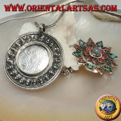 Silver medallion box pendant with flower lid with ancient coral and turquoise and central moonstone