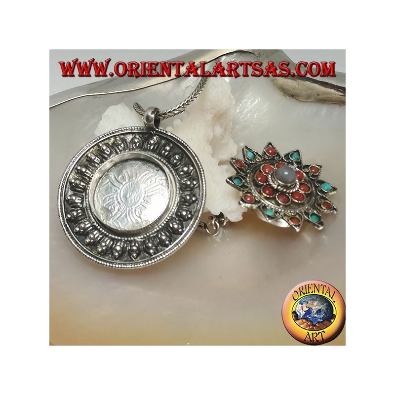 Silver medallion box pendant with flower lid with ancient coral and turquoise and central moonstone