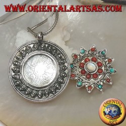 Silver medallion box pendant with flower lid with ancient coral and turquoise and central moonstone