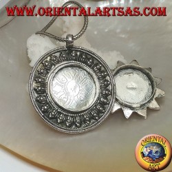 Silver medallion box pendant with flower lid with ancient coral and turquoise and central moonstone