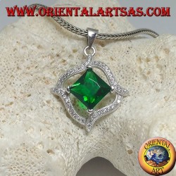 Silver pendant with rhombus square synthetic emerald and r4 wavy lines of zircons around