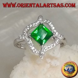 Silver ring with rhombic square synthetic emerald and r4 wavy lines of cubic zirconia around