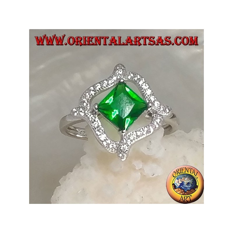 Silver ring with rhombic square synthetic emerald and r4 wavy lines of cubic zirconia around