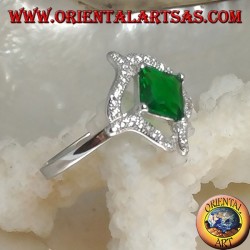 Silver ring with rhombic square synthetic emerald and r4 wavy lines of cubic zirconia around