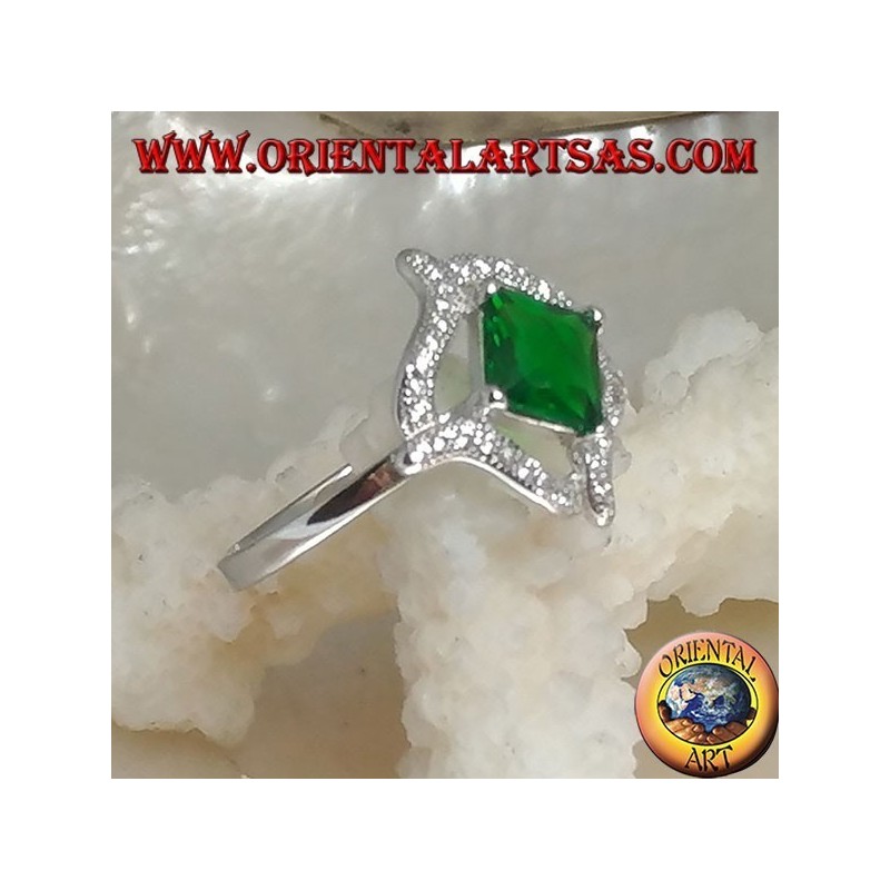 Silver ring with rhombic square synthetic emerald and r4 wavy lines of cubic zirconia around