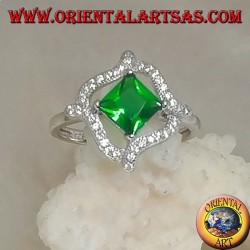 Silver ring with rhombic square synthetic emerald and r4 wavy lines of cubic zirconia around