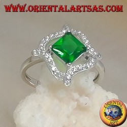 Silver ring with rhombic square synthetic emerald and r4 wavy lines of cubic zirconia around