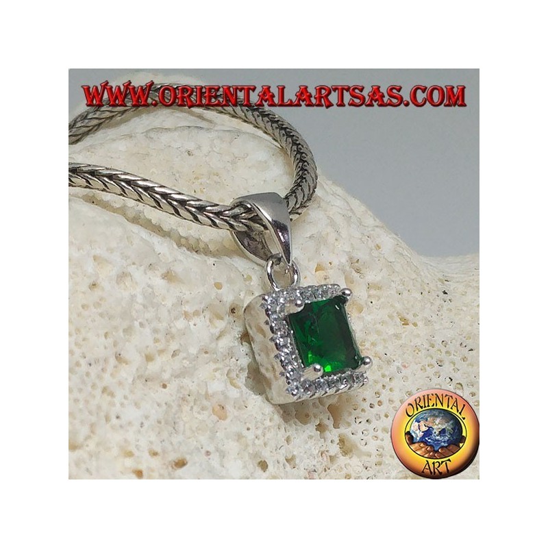 Silver pendant with square synthetic emerald surrounded by zircons