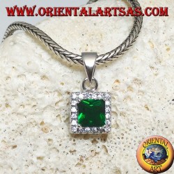 Silver pendant with square synthetic emerald surrounded by zircons