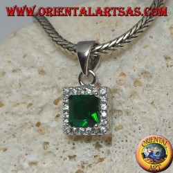 Silver pendant with square synthetic emerald surrounded by zircons