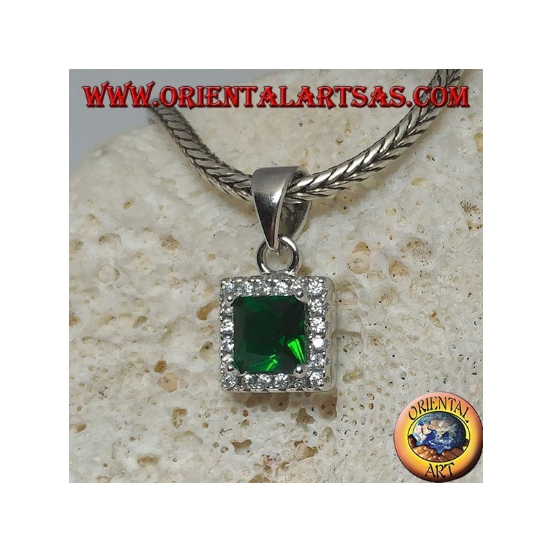 Silver pendant with square synthetic emerald surrounded by zircons