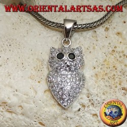 Silver pendant in the shape of an owl studded with white zircons and black zircon eyes