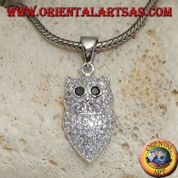 Silver pendant in the shape of an owl studded with white zircons and black zircon eyes