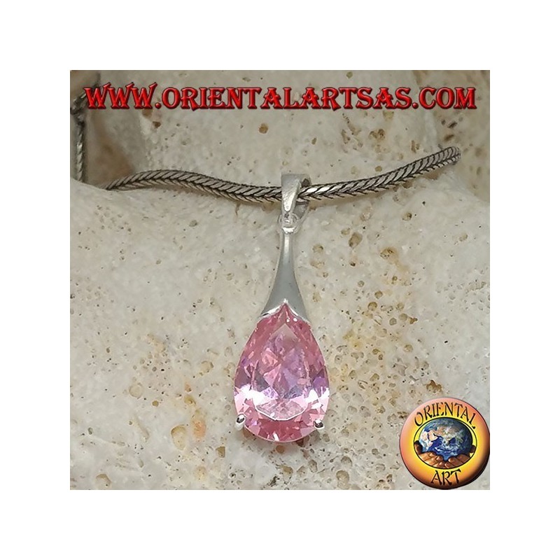 Silver drop pendant with pink zircon