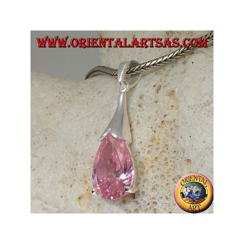 Ciondolo in argento a goccia con zircone rosa