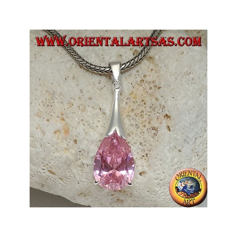 Silver drop pendant with pink zircon