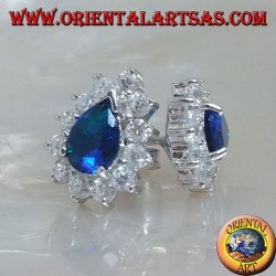 Silver lobe earrings with synthetic teardrop sapphire surrounded by zircons