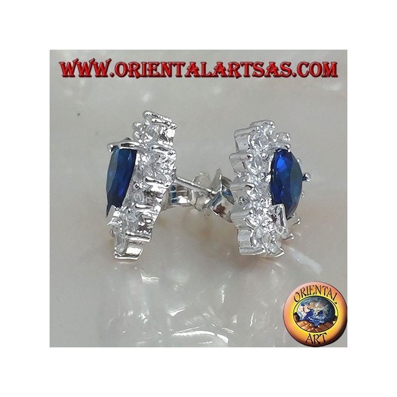 Silver lobe earrings with synthetic teardrop sapphire surrounded by zircons