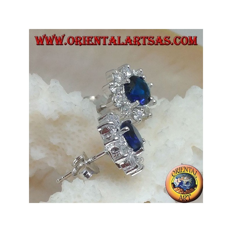 Boucles d'oreilles lobe en argent avec saphir synthétique rond serti de zircons