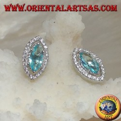 Lobe shuttle silver earrings with natural blue topaz set surrounded by zircons