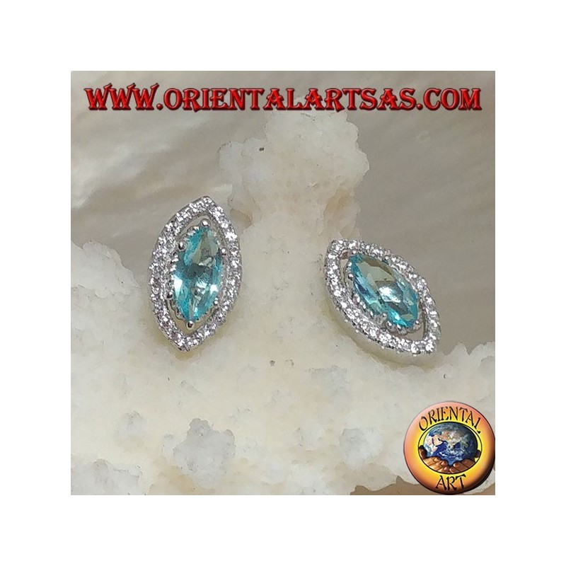 Lobe shuttle silver earrings with natural blue topaz set surrounded by zircons
