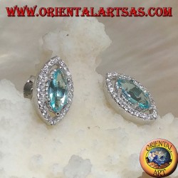 Lobe shuttle silver earrings with natural blue topaz set surrounded by zircons