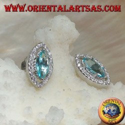 Lobe shuttle silver earrings with natural blue topaz set surrounded by zircons