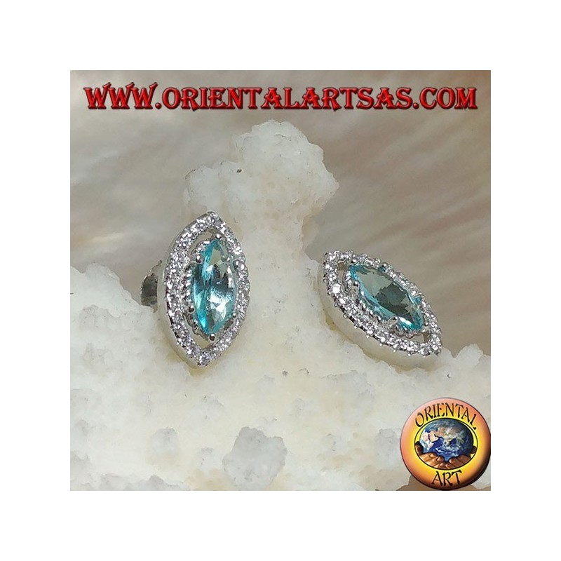 Lobe shuttle silver earrings with natural blue topaz set surrounded by zircons