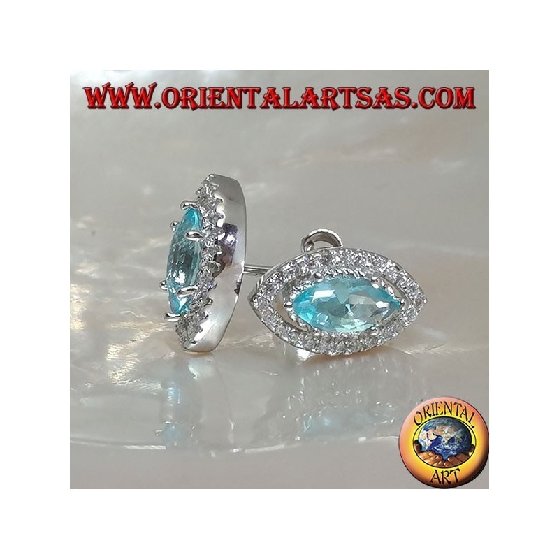 Lobe shuttle silver earrings with natural blue topaz set surrounded by zircons