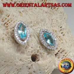 Lobe shuttle silver earrings with natural blue topaz set surrounded by zircons