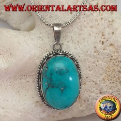 Pendentif en Argent avec Turquoise Naturel Tibétain (Large)