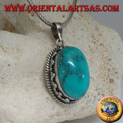 Pendentif en Argent avec Turquoise Naturel Tibétain (Large)
