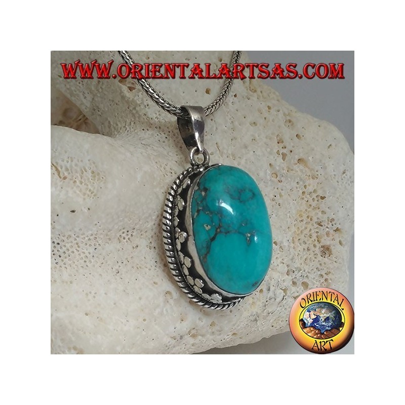 Pendentif en Argent avec Turquoise Naturel Tibétain (Large)