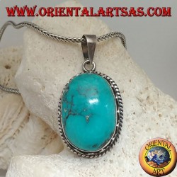Pendentif en Argent avec Turquoise Naturel Tibétain (Large)