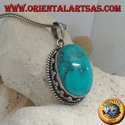 Pendentif en Argent avec Turquoise Naturel Tibétain (Large)