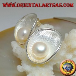 Silver lobe earrings with satin mother shell inside and white freshwater pearl