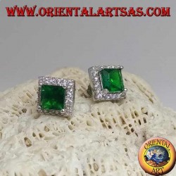 Silver earrings with square synthetic emerald surrounded by zircons